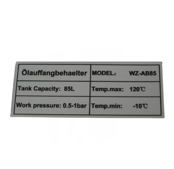 Typenschild am Öltank für Ölauffangbehälter 85 Liter